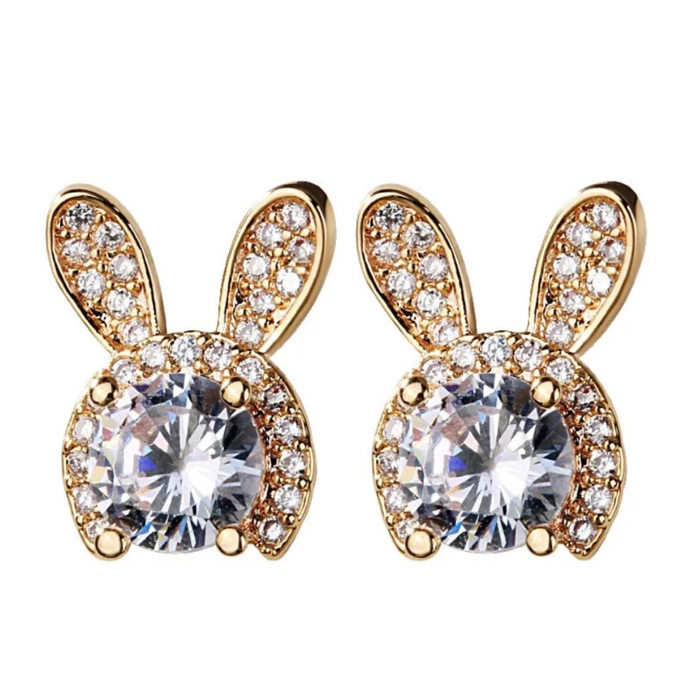 NEW Beautiful 18k Yellow Gold Over Silver Sim. Diamond Bunny Studs